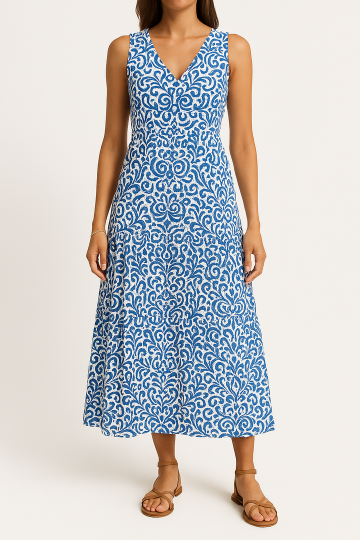 Women’s Midi Dress – Sleeveless V-Neck – Fitted Waist – Tiered Skirt – Flowy Fit