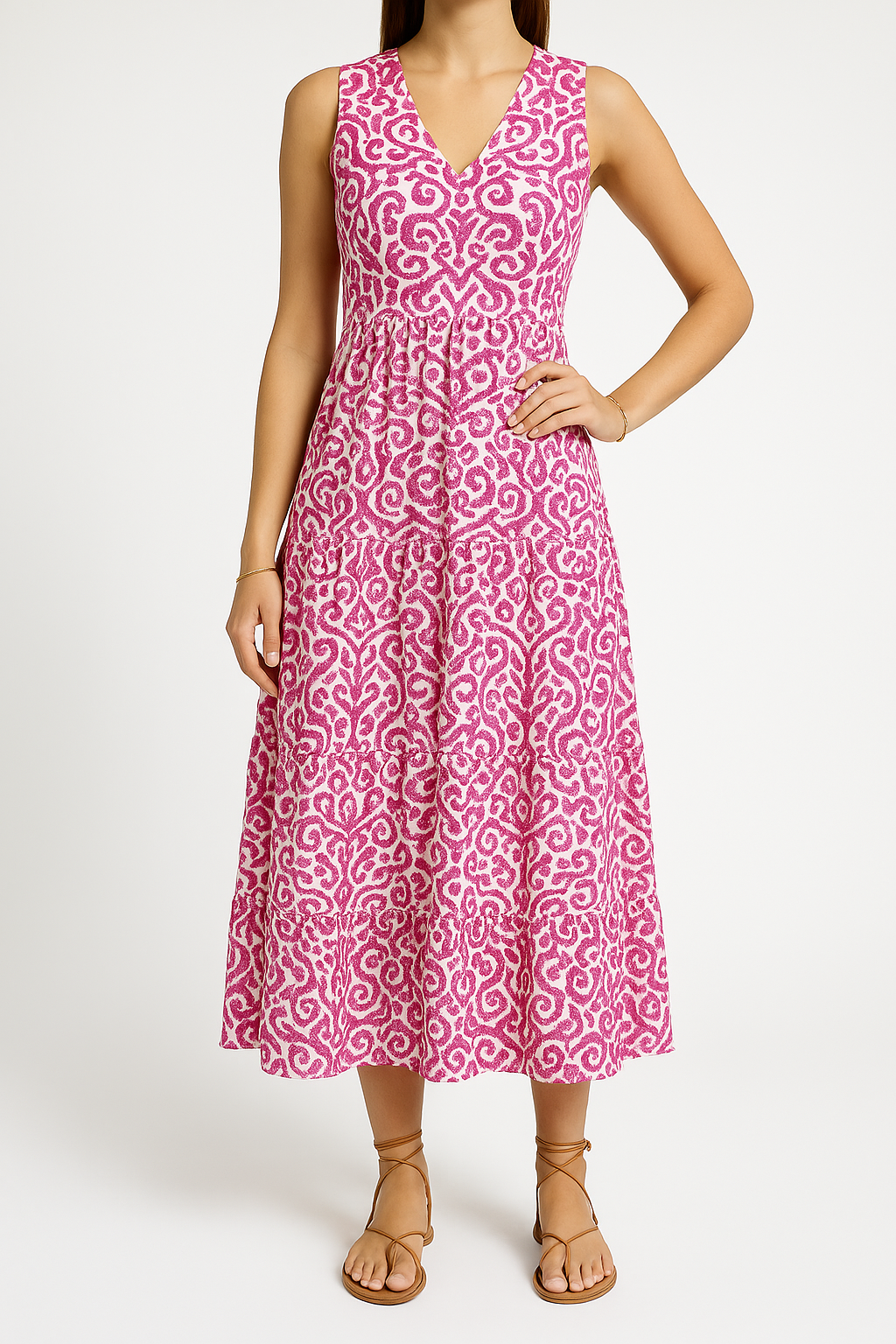 Women’s Midi Dress – Sleeveless V-Neck – Fitted Waist – Tiered Skirt – Flowy Fit