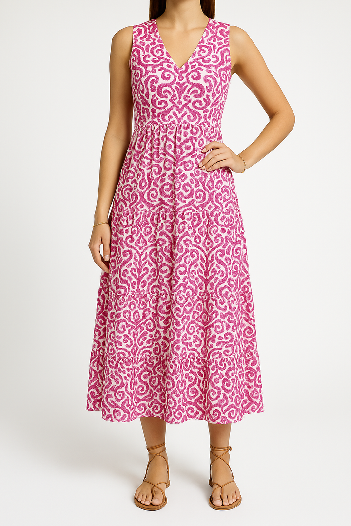 Women’s Midi Dress – Sleeveless V-Neck – Fitted Waist – Tiered Skirt – Flowy Fit