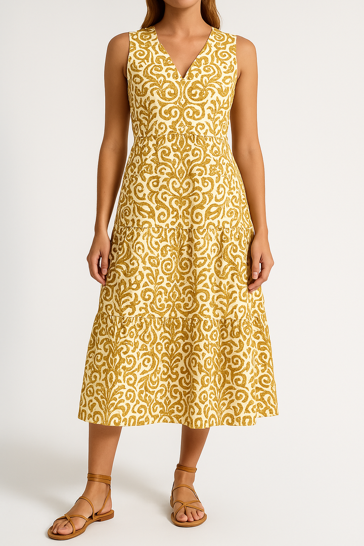 Women’s Midi Dress – Sleeveless V-Neck – Fitted Waist – Tiered Skirt – Flowy Fit