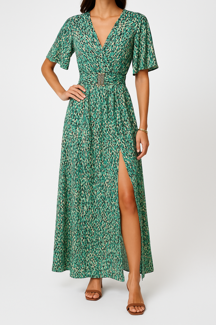 Women’s Maxi Dress – V-Neck Wrap Style – Short Sleeve – Belted Waist – High Slit Hem
