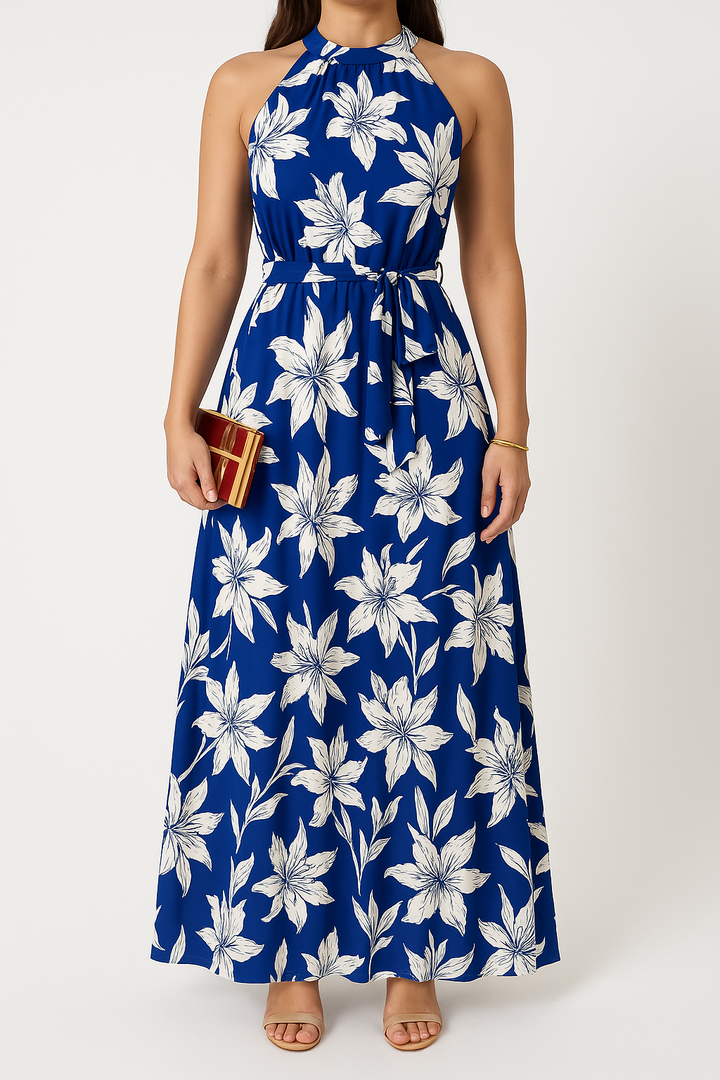 Women’s Halter Maxi Dress - Sleeveless High Neck - Tie Waist - Flowy Elegant Fit