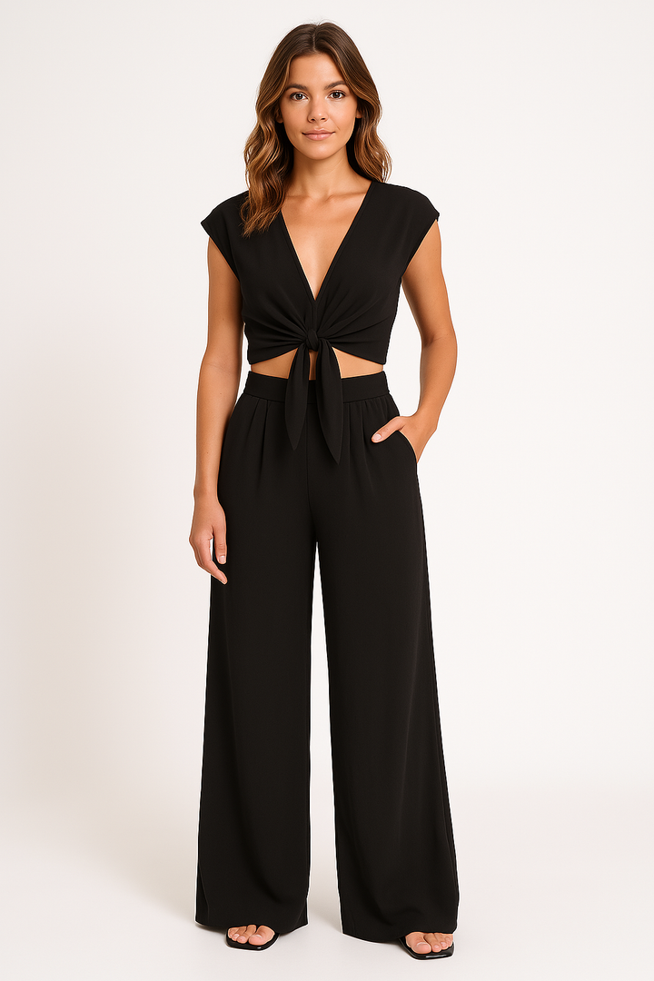 Women's Two-Piece Set - V-Neck Tie-Front Crop Top - High-Waist Wide-Leg Pants - Cap Sleeves