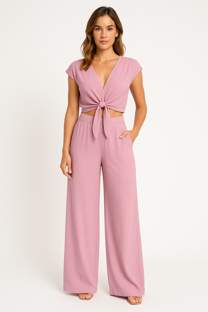 Women's Two-Piece Set - V-Neck Tie-Front Crop Top - High-Waist Wide-Leg Pants - Cap Sleeves