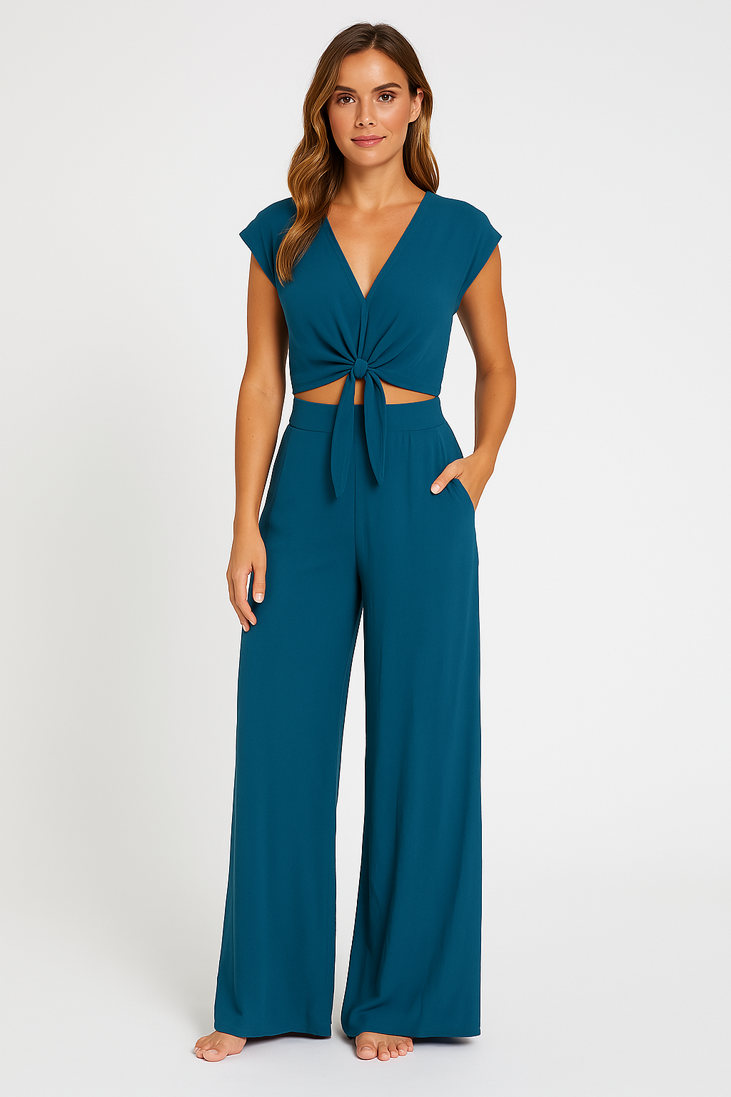 Women's Two-Piece Set - V-Neck Tie-Front Crop Top - High-Waist Wide-Leg Pants - Cap Sleeves