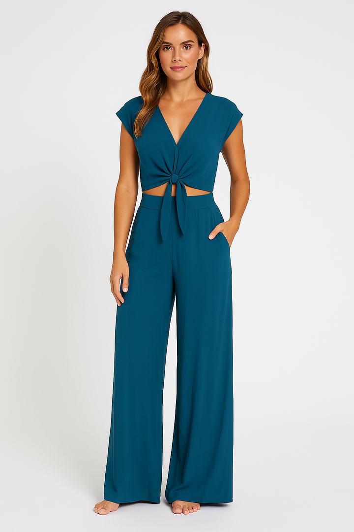 Women's Two-Piece Set - V-Neck Tie-Front Crop Top - High-Waist Wide-Leg Pants - Cap Sleeves