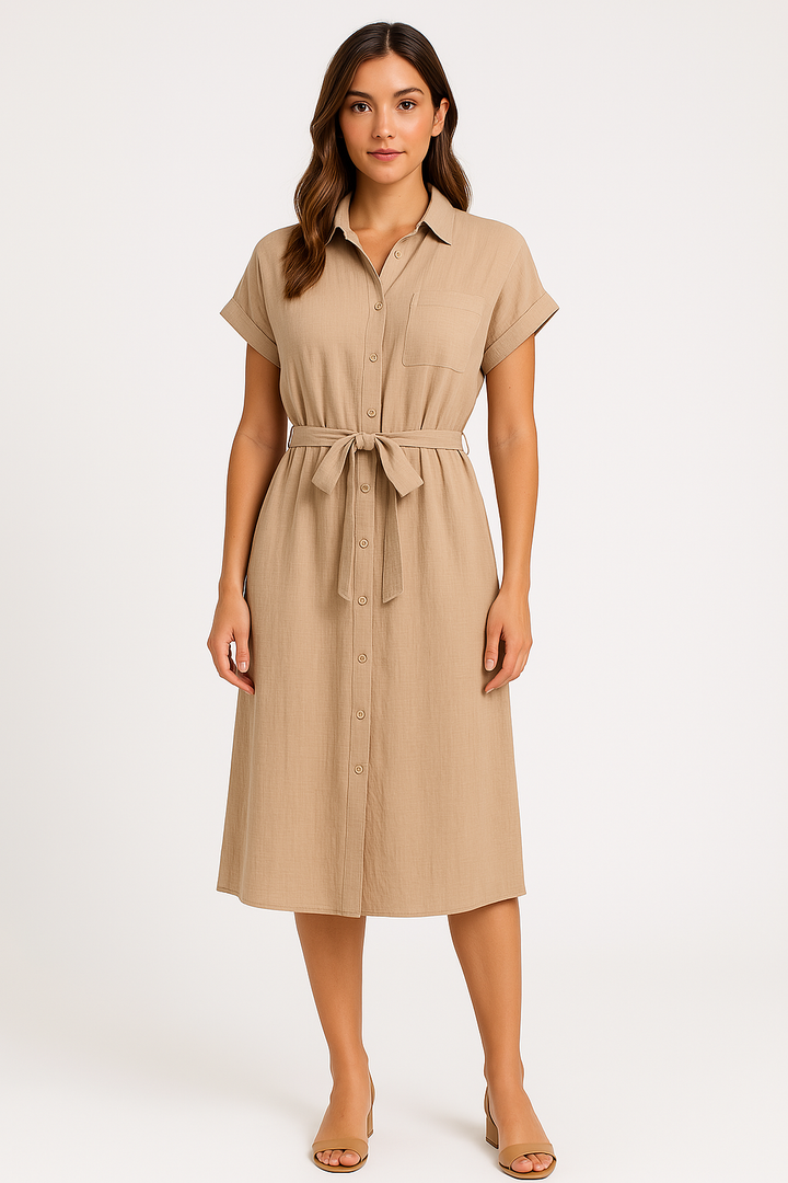 Women’s Shirt Dress – Midi Length – Relaxed Fit – Short Sleeve – Button Down – Tie Waist