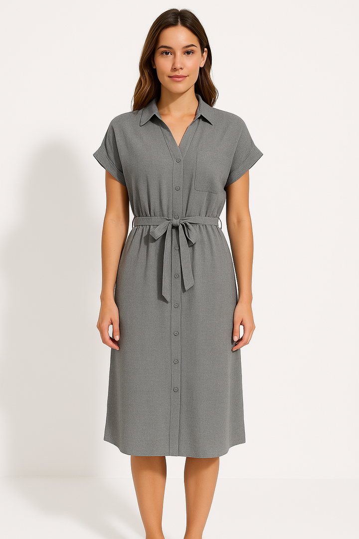 Women’s Shirt Dress – Midi Length – Relaxed Fit – Short Sleeve – Button Down – Tie Waist
