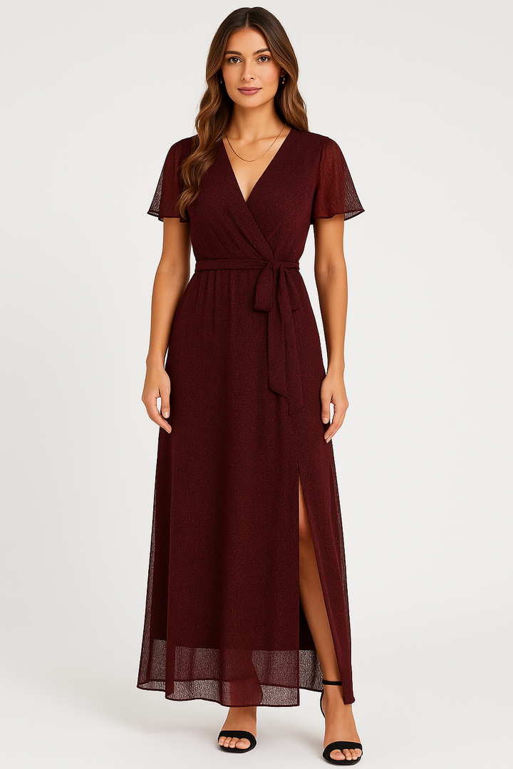 Women’s Wrap Dress – V-Neck – Tie Waist – Short Sleeve – Thigh-High Slit Elegant Fit