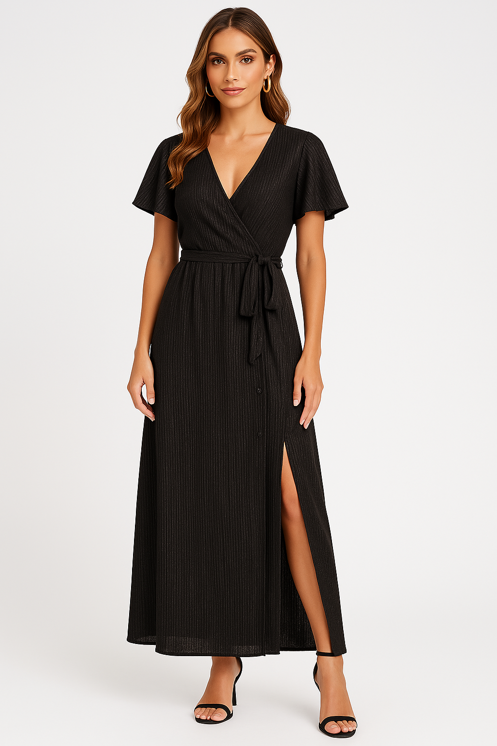 Women’s Wrap Dress – V-Neck – Tie Waist – Short Sleeve – Thigh-High Slit Elegant Fit