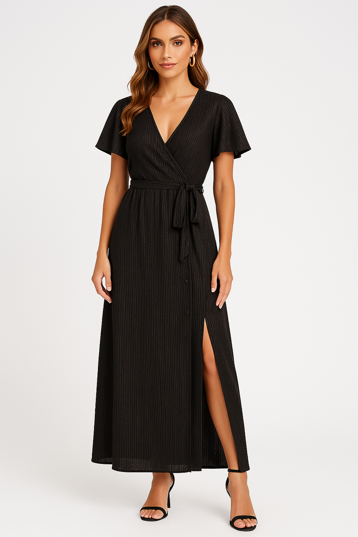 Women’s Wrap Dress – V-Neck – Tie Waist – Short Sleeve – Thigh-High Slit Elegant Fit