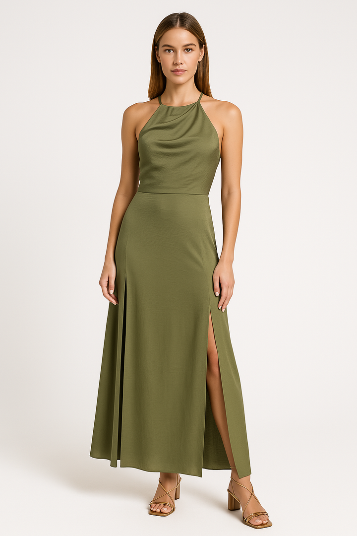 Women’s Maxi Dress - Halter Neck - Open Back - Thigh Slit - Flowy Lightweight Fit