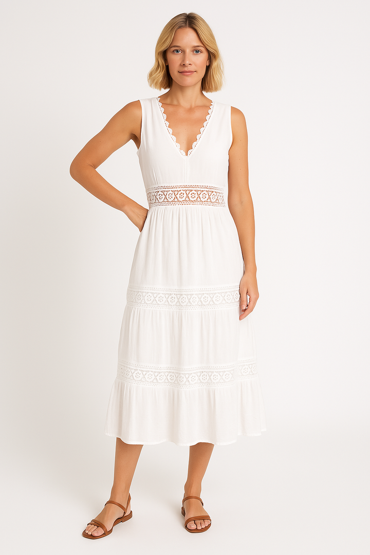 Women’s Midi Dress – Lace Detail – Fitted Bodice – Tiered Skirt – Sleeveless V-Neck