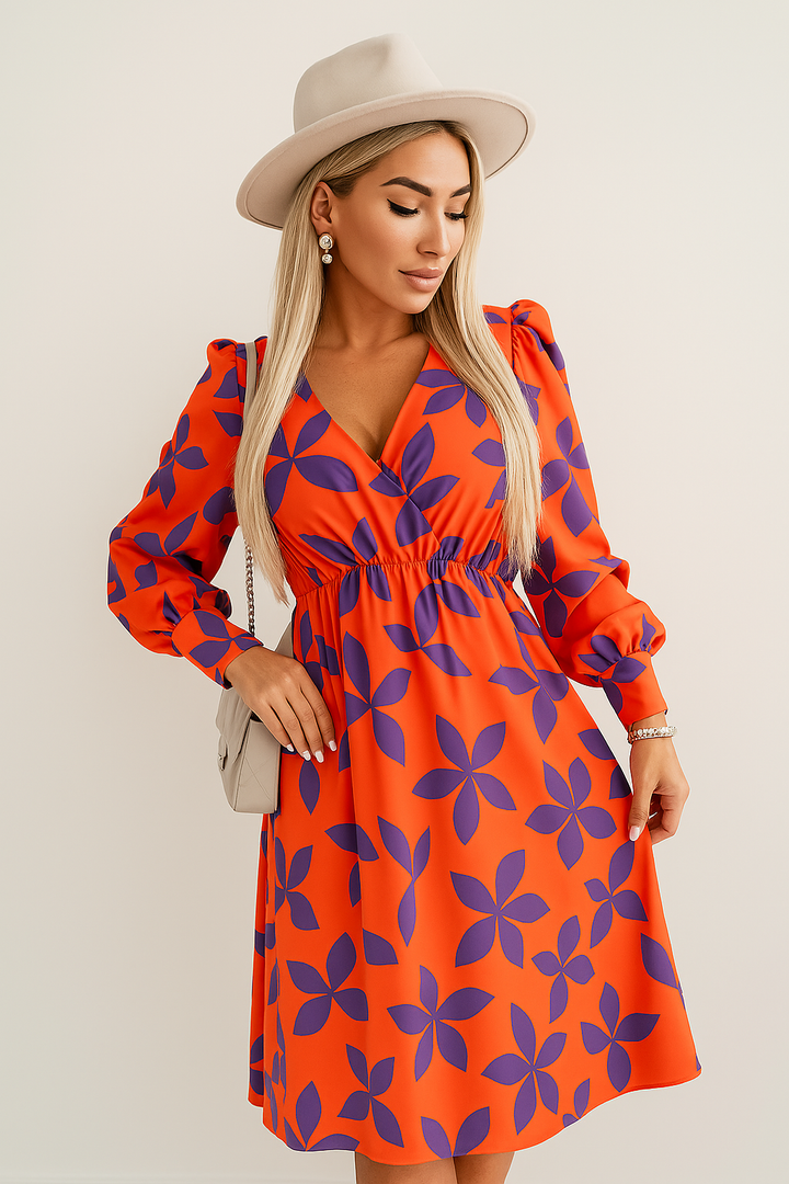 Women’s Midi Dress – V-Neck – Long Sleeve – Elastic Waist – Floral A-Line Fit