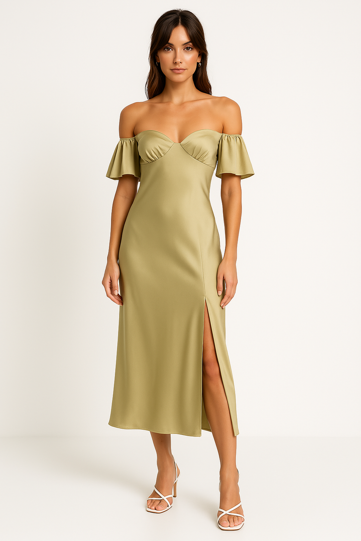 Women’s Midi Dress – Off Shoulder – Ruffle Sleeve – Fitted Bodice – Side Slit