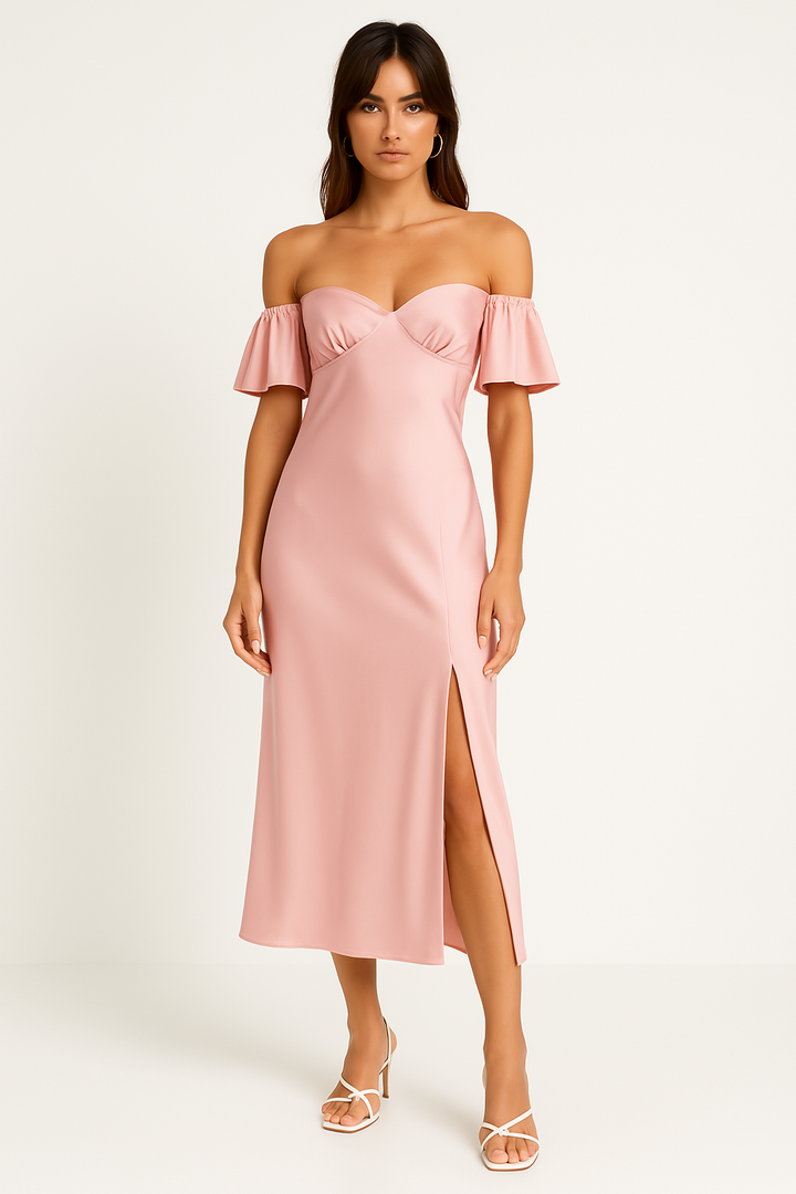 Women’s Midi Dress – Off Shoulder – Ruffle Sleeve – Fitted Bodice – Side Slit