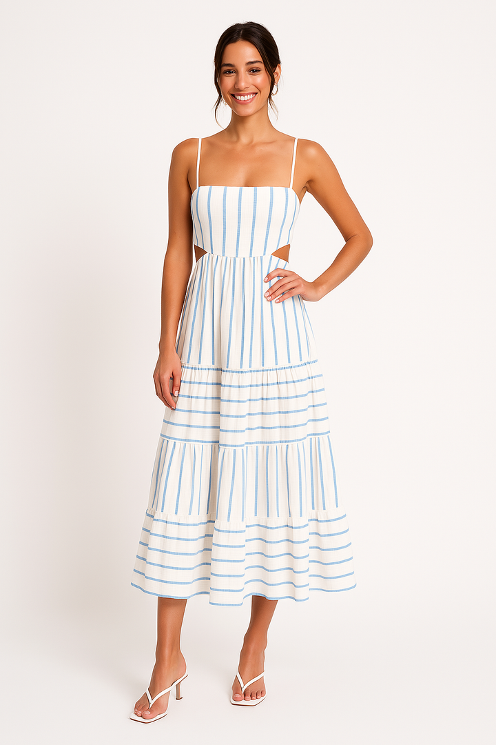 Women’s Midi Dress – Spaghetti Straps – Square Neck – Cut-Out Sides – Tiered Skirt