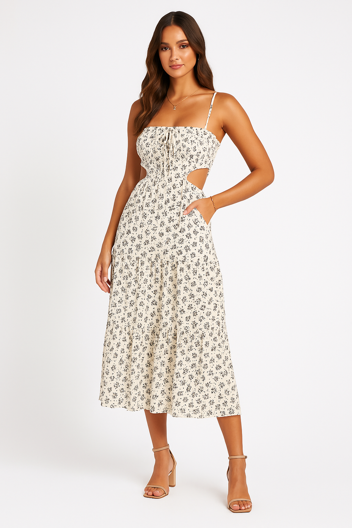 Women’s Midi Dress - Cut-Out Sides - Ruched Bust - Spaghetti Straps - A-Line Fit