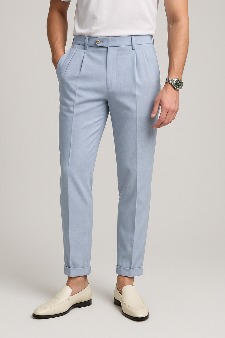 Men’s Straight-Leg Trousers - High Waist - Pleated Front - Breathable Textured Fabric