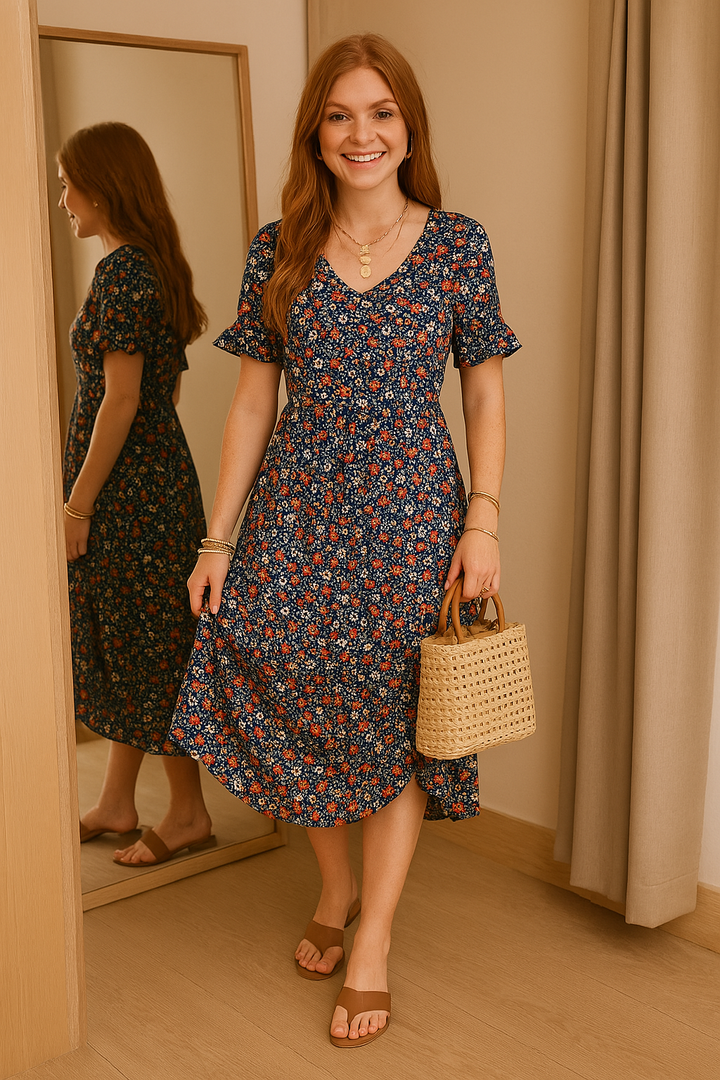 Women’s Midi Dress – Relaxed Fit – V-Neck – Flutter Sleeves – Breathable Blend