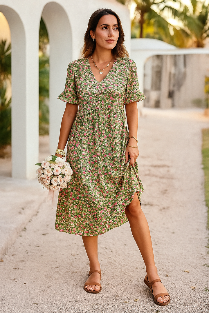 Women’s Midi Dress – Relaxed Fit – V-Neck – Flutter Sleeves – Breathable Blend