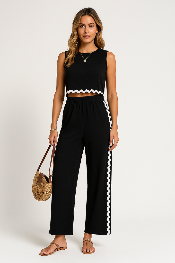 Women’s Two-Piece Set – Sleeveless Cropped Top & Full-Length Pants – Soft Knit Relaxed Fit