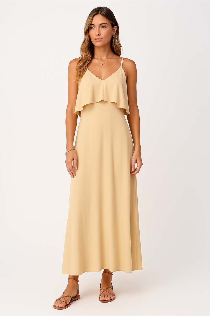 Women’s Maxi Dress – Lightweight Fabric – V-Neck – Spaghetti Straps – Ruffle Bodice