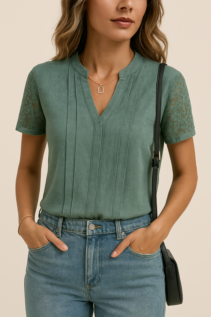 Women’s V-Neck Top – Tailored Fit – Lace Short Sleeves – Soft Structured Fabric