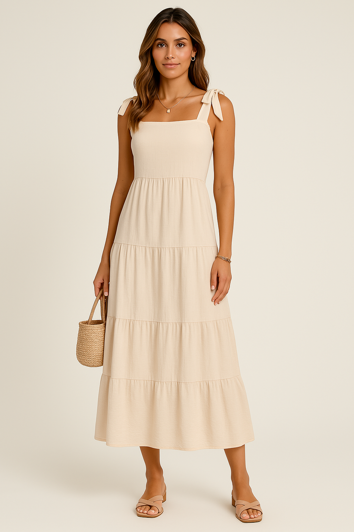 Women’s Maxi Dress - Relaxed Fit - Tiered Skirt - Sleeveless Natural Fibers