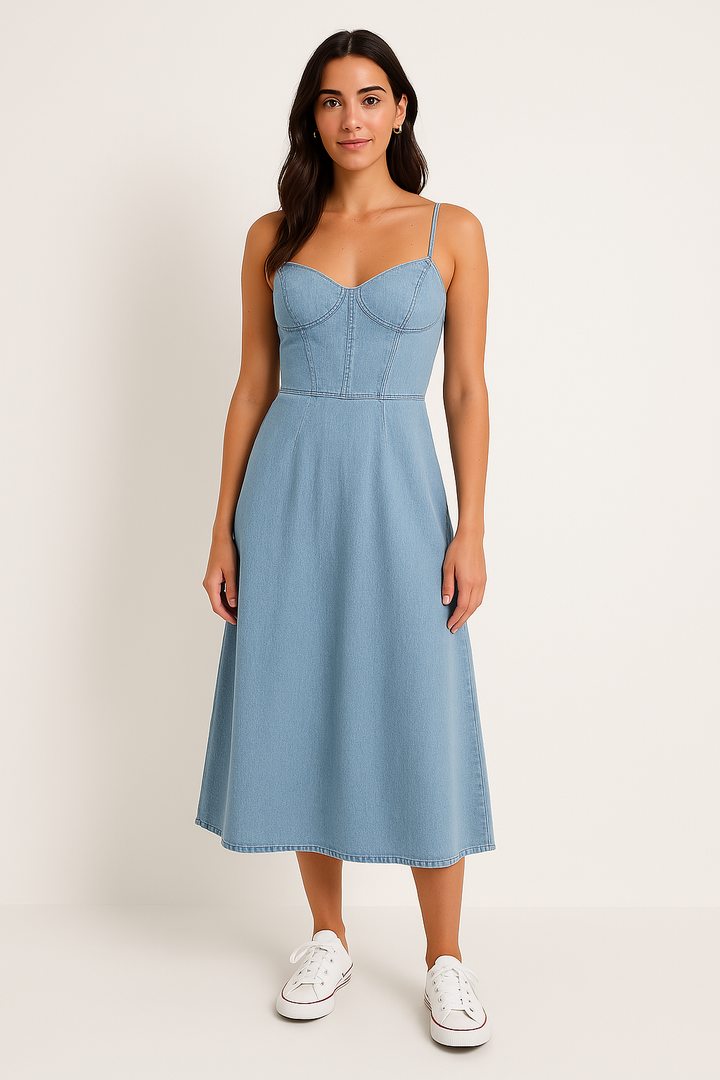 Women’s Midi Dress – Cotton Denim – Sweetheart Neckline – Spaghetti Straps – Fitted Bodice