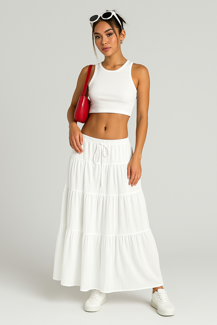 Women’s Maxi Skirt – Tiered Design – Elastic Drawstring Waist – Flowy Lightweight Fit