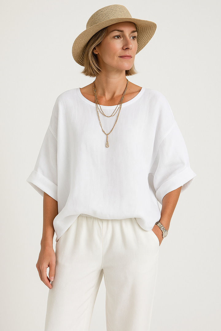 Women’s Oversized Blouse – Cotton Linen Blend – Boat Neck – Loose Fit – Short Sleeve