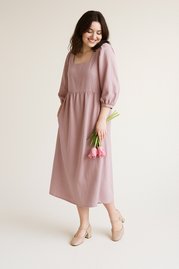 Women’s Midi Dress – Lightweight Cotton – A-Line Fit – Square Neck – 3/4 Puff Sleeve