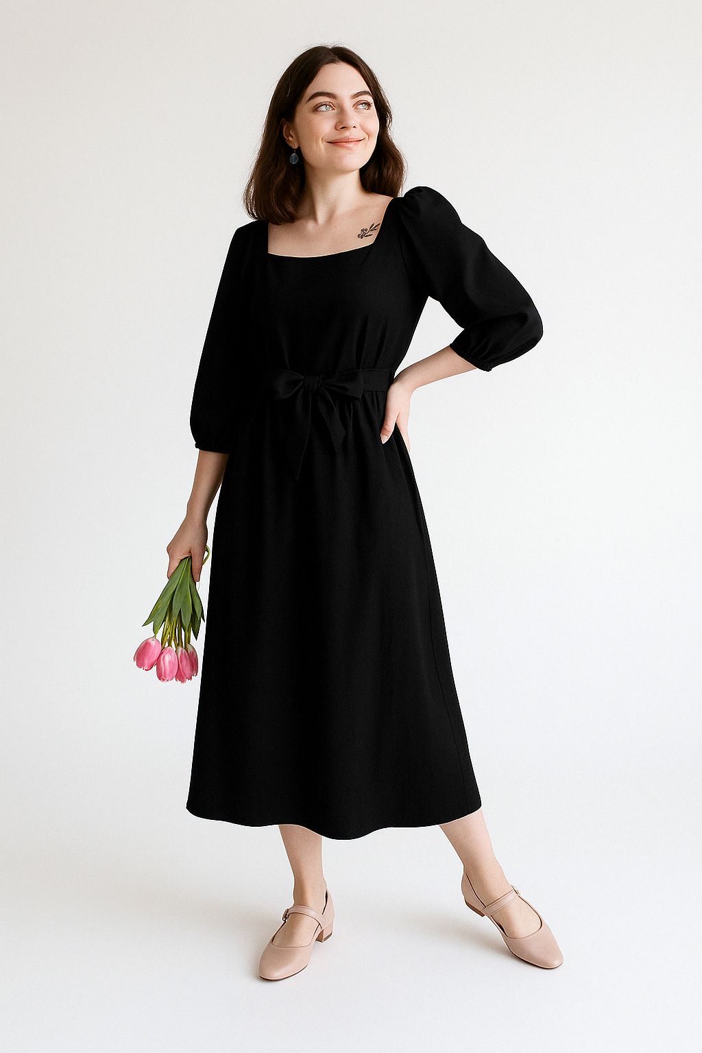 Women’s Midi Dress – Lightweight Cotton – A-Line Fit – Square Neck – 3/4 Puff Sleeve