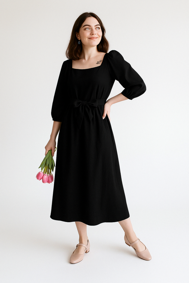 Women’s Midi Dress – Lightweight Cotton – A-Line Fit – Square Neck – 3/4 Puff Sleeve