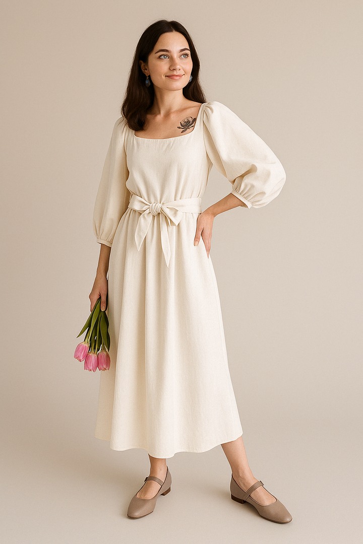 Women’s Midi Dress – Lightweight Cotton – A-Line Fit – Square Neck – 3/4 Puff Sleeve