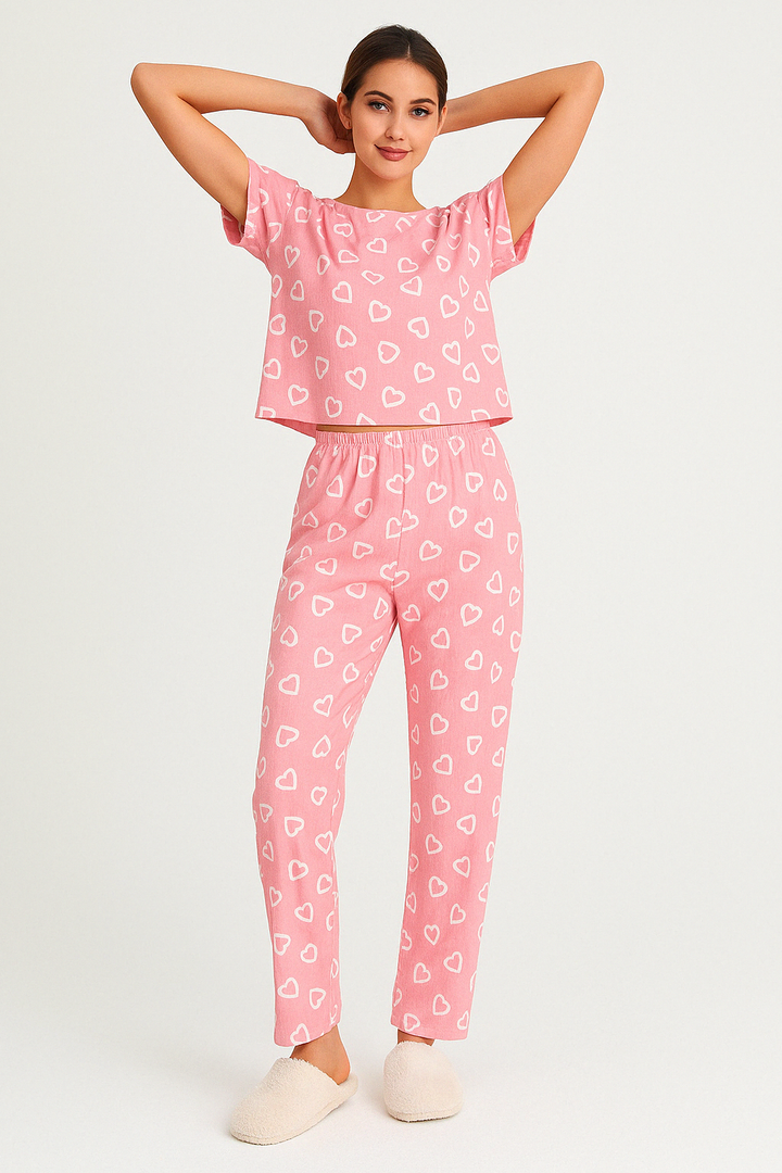 Women’s Pajama Set – Soft Cotton – Relaxed Fit – Short Sleeve Top & Full-Length Pants