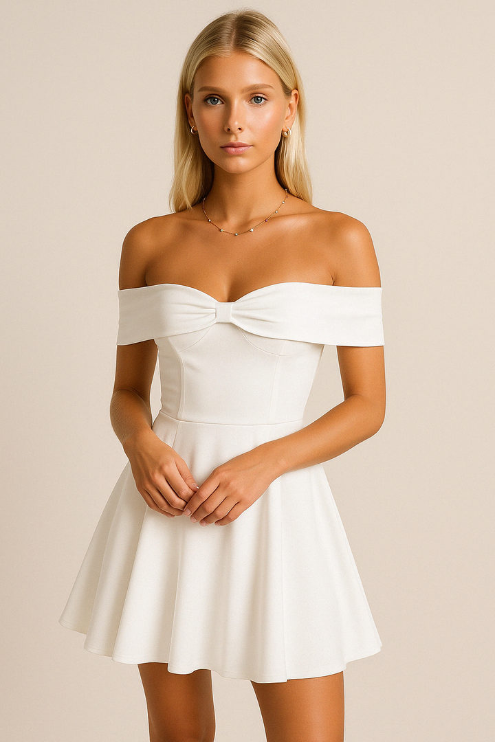 Women’s Off-Shoulder Dress – Fitted Bodice – A-Line Skirt – Short Flowy Silhouette