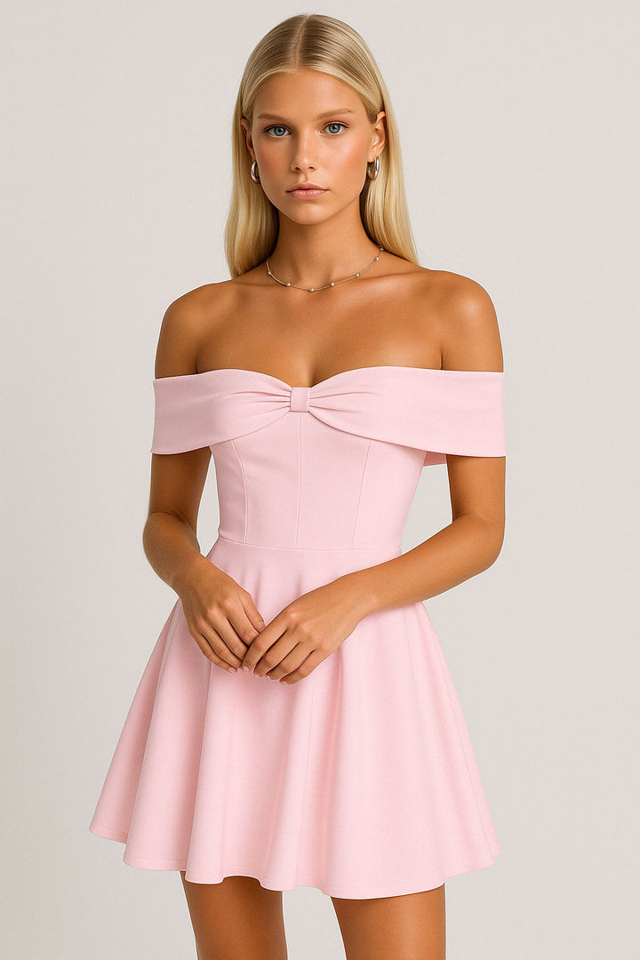 Women’s Off-Shoulder Dress – Fitted Bodice – A-Line Skirt – Short Flowy Silhouette