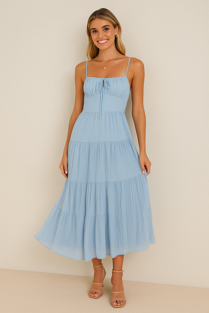 Women’s A-Line Dress – Lightweight Fabric – Spaghetti Straps – Tiered Skirt – Keyhole Neckline