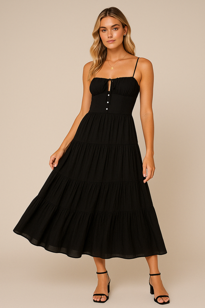 Women's Midi Dress - Tiered Flowy Fit - Spaghetti Straps - Sweetheart Neckline