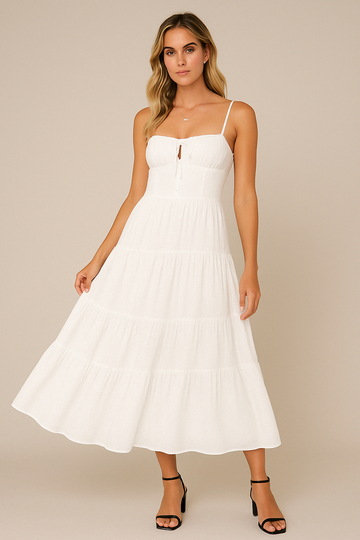 Women's Midi Dress - Tiered Flowy Fit - Spaghetti Straps - Sweetheart Neckline