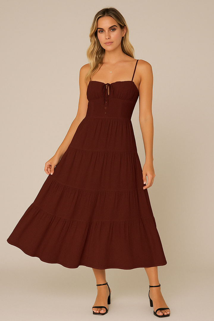 Women's Midi Dress - Tiered Flowy Fit - Spaghetti Straps - Sweetheart Neckline