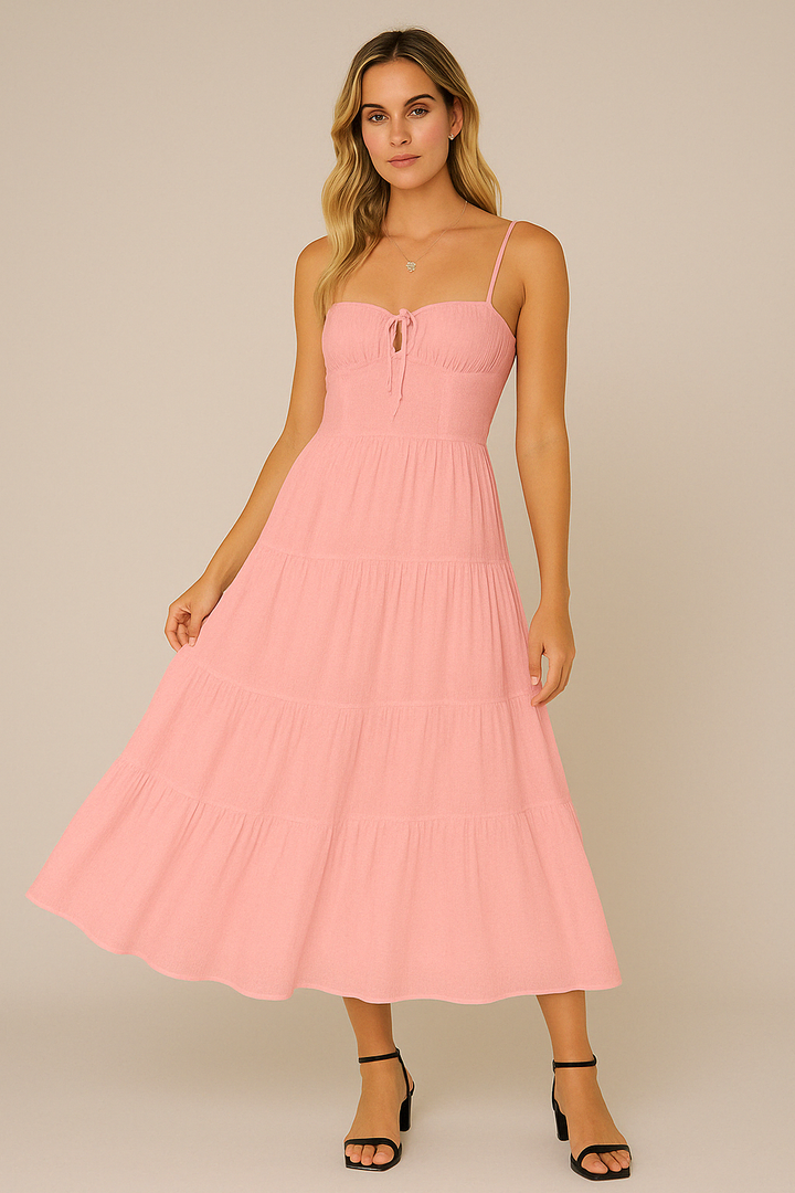 Women's Midi Dress - Tiered Flowy Fit - Spaghetti Straps - Sweetheart Neckline