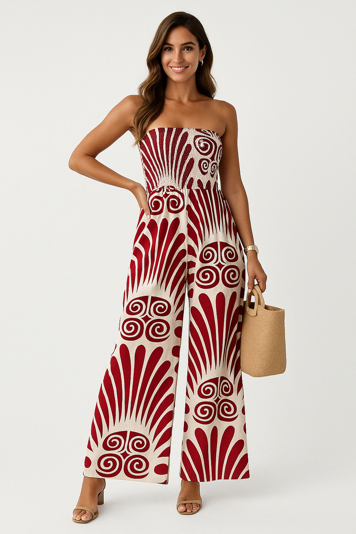 Women’s Strapless Jumpsuit – Smocked Bodice – Wide Leg – Lightweight Flowy Fit