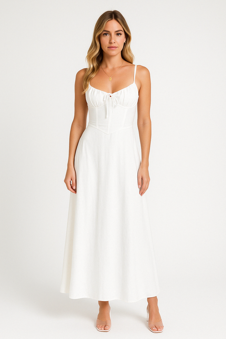 Women’s A-Line Dress – Fitted Bodice – Sweetheart Neckline – Spaghetti Straps – Full Length