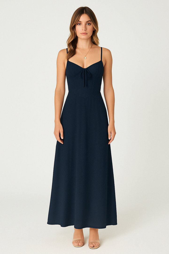 Women’s A-Line Dress – Fitted Bodice – Sweetheart Neckline – Spaghetti Straps – Full Length