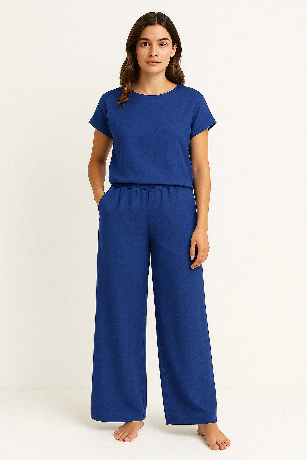 Women’s Two-Piece Set – Relaxed Fit – Soft Knit – Crew Neck Top – Wide-Leg Pants