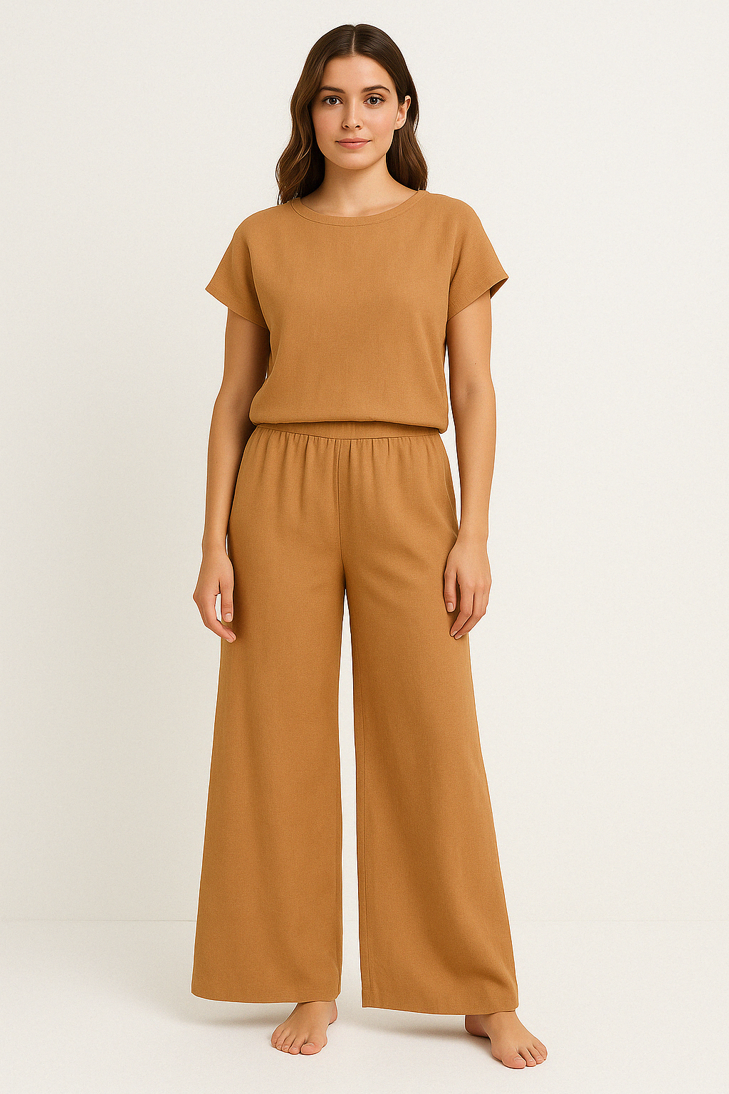 Women’s Two-Piece Set – Relaxed Fit – Soft Knit – Crew Neck Top – Wide-Leg Pants