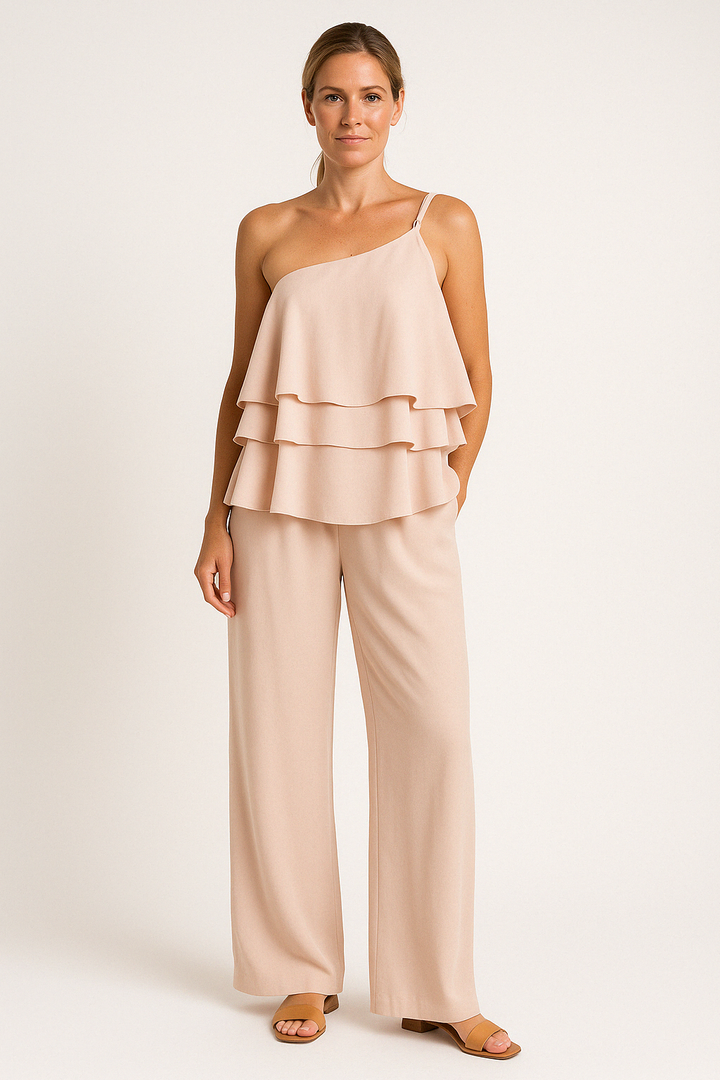 Women's Two-Piece Set - Asymmetrical Ruffle Top - Wide-Leg Trousers - Relaxed Fit
